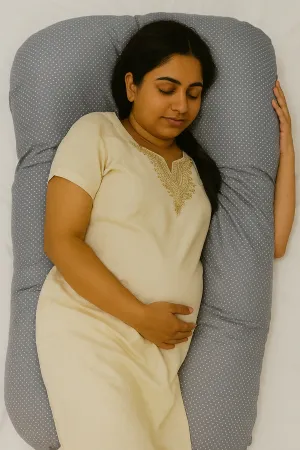 pregnant women's sleeping pillow for comfort also known as pregnany sleeping pillow or maternity pillow