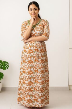Front view of maternity feeding maxi nightdress in soft cotton fabric