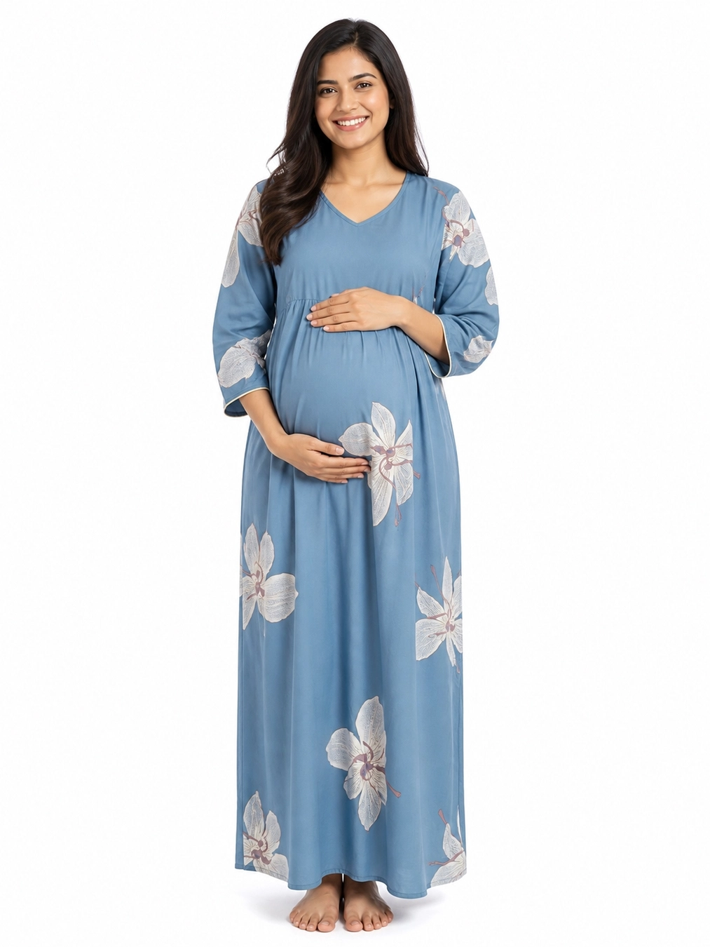 Light Blue Alpine Frill Feeding Nighty with ruffled waist detail and dual concealed nursing zips