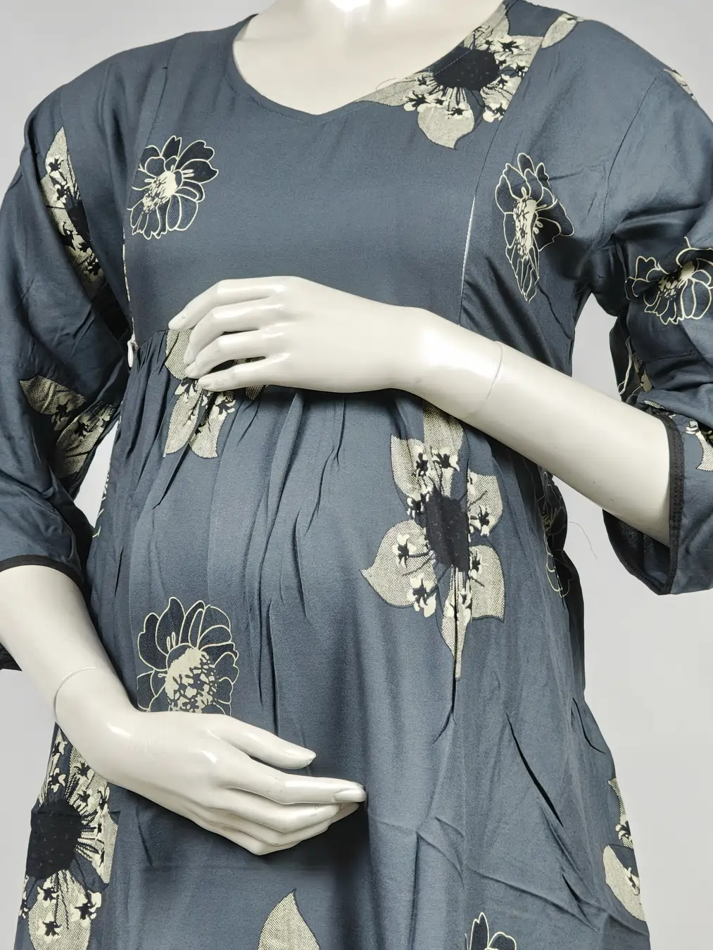 Ash Green Rayon Frill Feeding Nighty with ruffled waist detail and dual concealed nursing zips