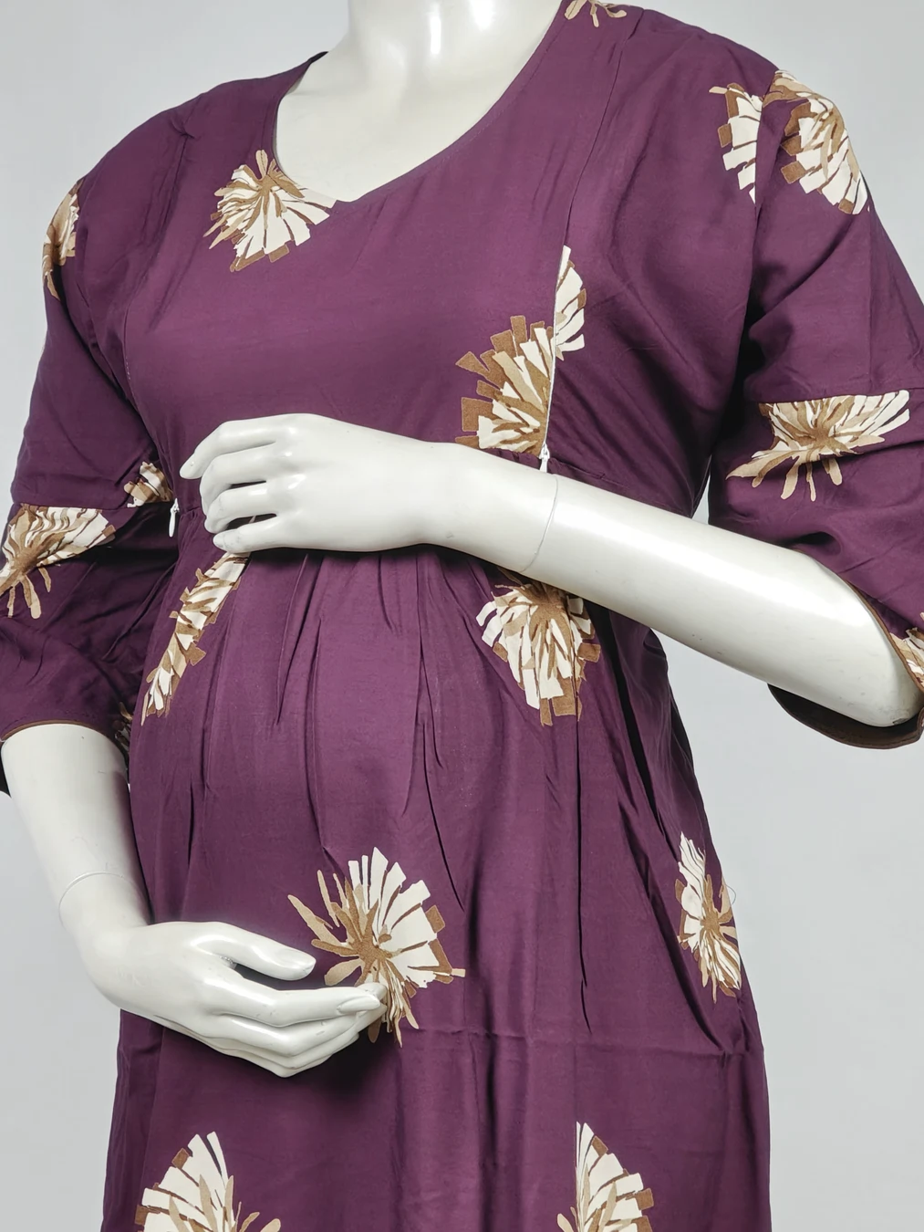 Maroon rayon frill feeding nighty with concealed nursing zips