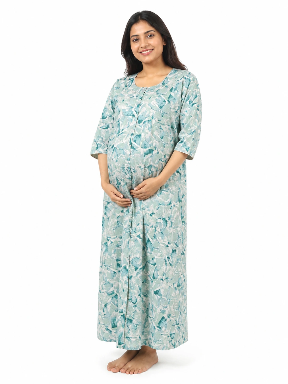 Light Green Cotton Maternity Front Open Nighty with full-front button opening and three-quarter sleeves