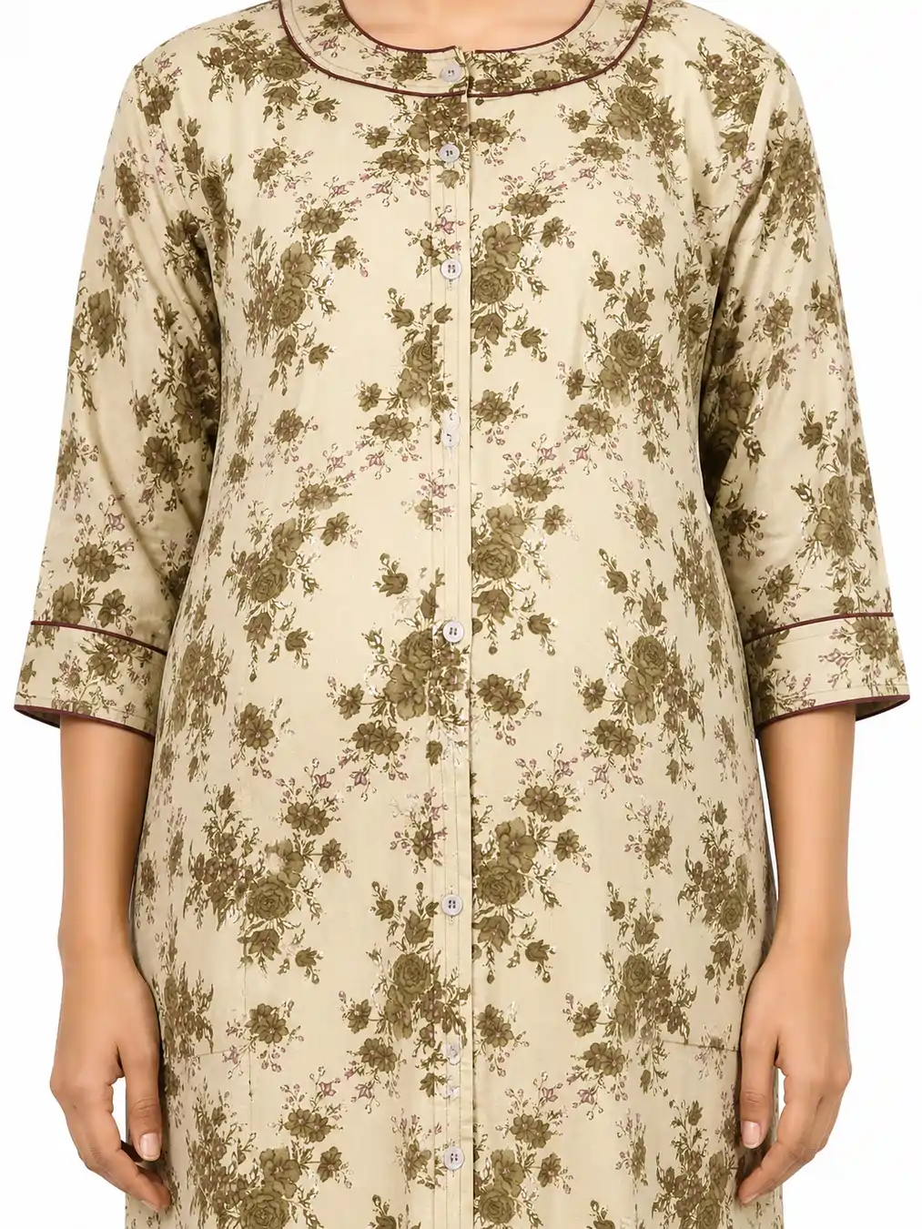 Cream Cotton Front Open Hospital Nighty with full-front button opening and three-quarter sleeves