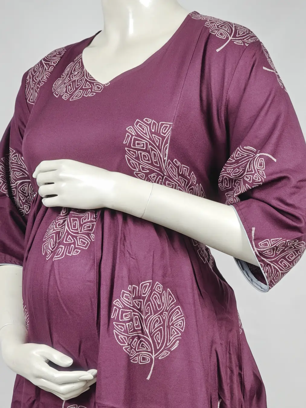 Maroon Alpine Frill Feeding Nighty with ruffled waist detail and dual concealed nursing zips