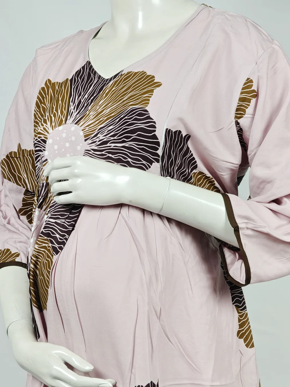 Light Rose Rayon Frill Feeding Nighty with ruffled waist detail and side-zip nursing access