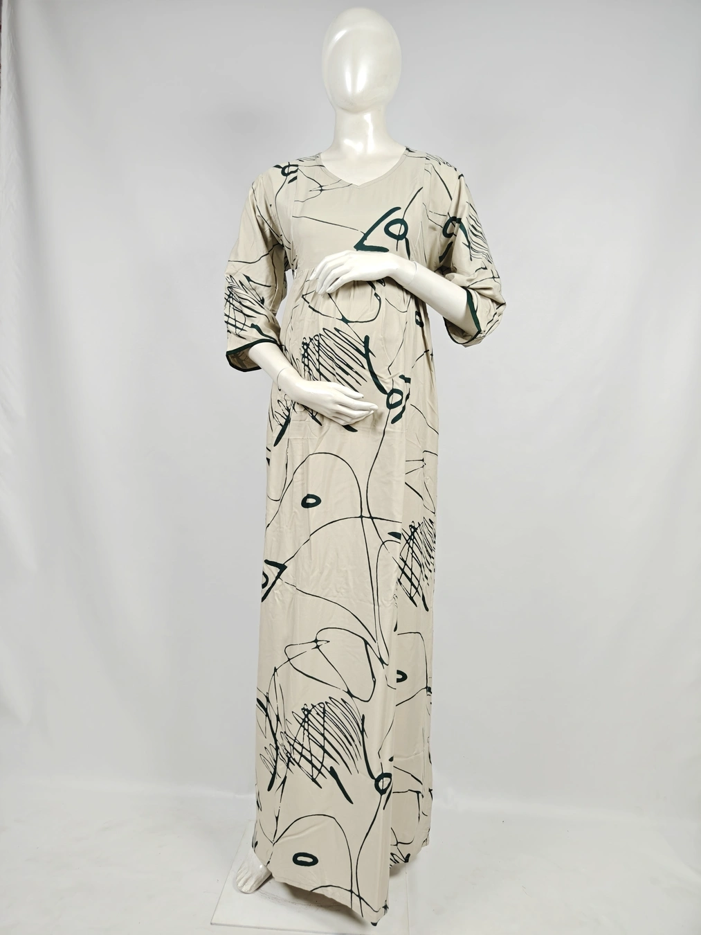 Light Cream Rayon Frill Feeding Nighty with ruffled waist detail and dual concealed nursing zips