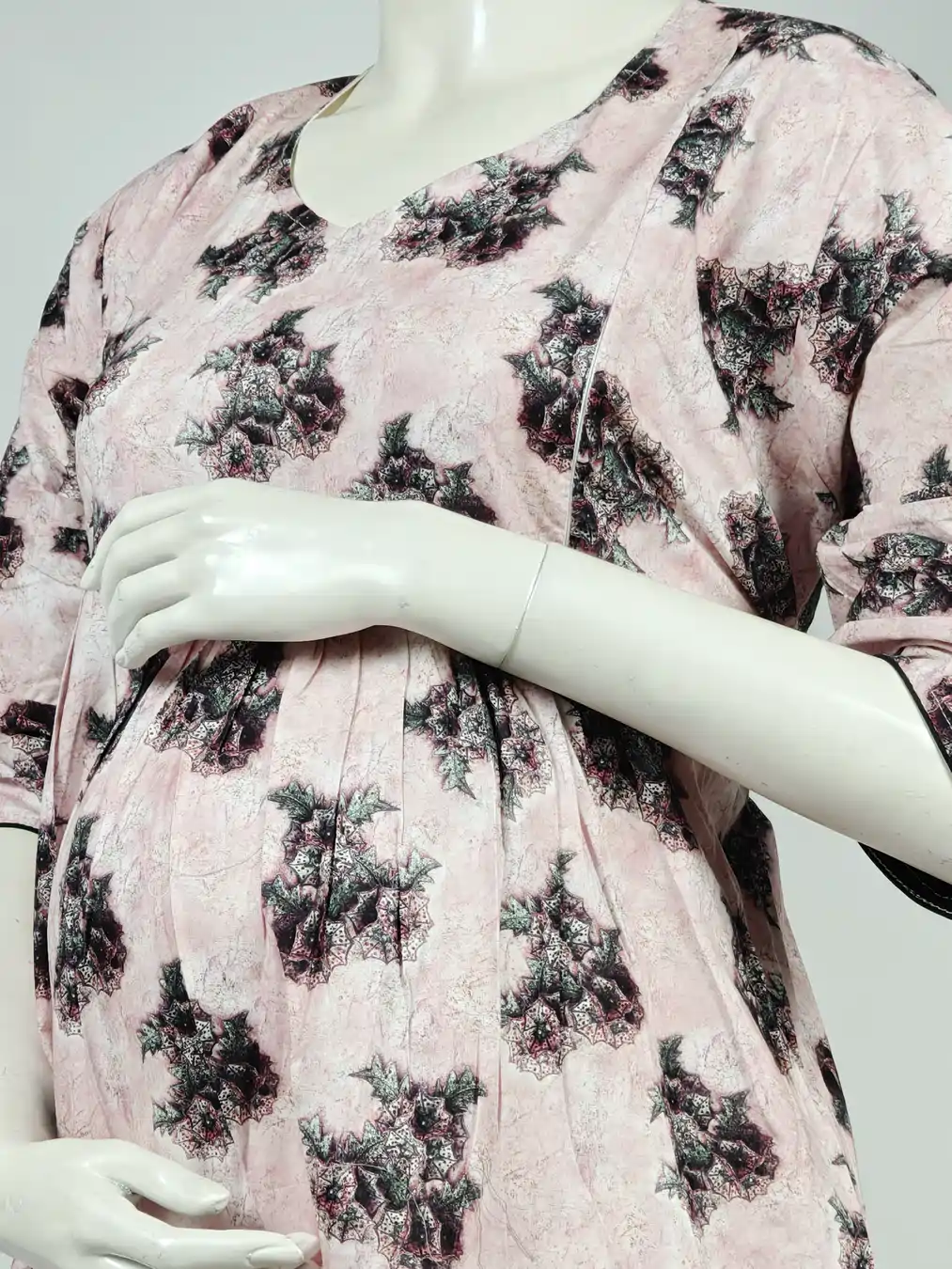 Light Rose frill feeding nighty with ruffled waist and concealed nursing zips