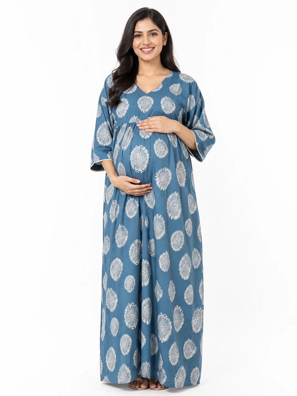 Pastel Blue Alpine Frill Feeding Nighty with ruffled waist detail and dual concealed nursing zips