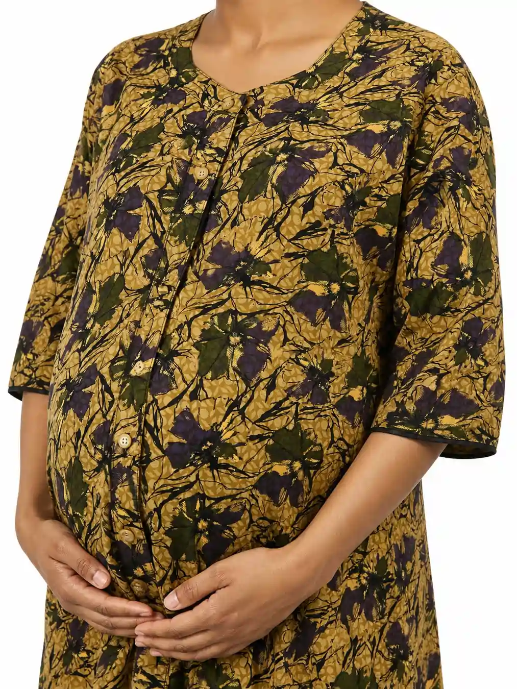 Yellow cotton maternity nighty with full-front button opening