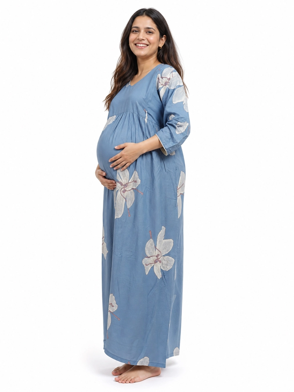 Light Blue Alpine Frill Feeding Nighty with ruffled waist detail and dual concealed nursing zips