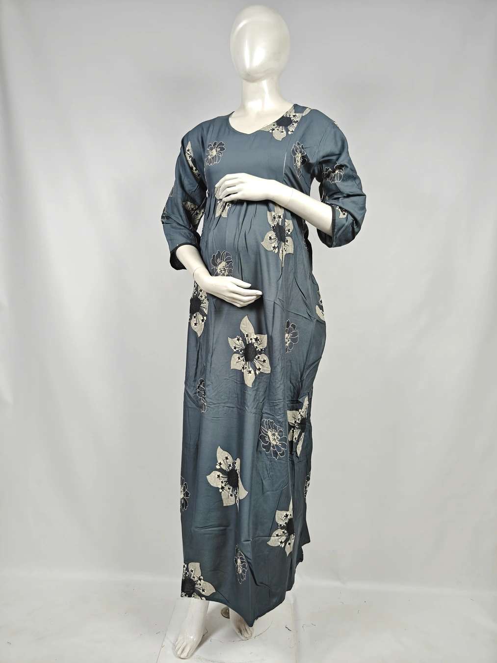 Ash Green Rayon Frill Feeding Nighty with ruffled waist detail and dual concealed nursing zips