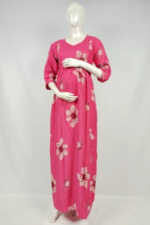 Magenta Pink Rayon Frill Feeding Nighty with ruffled waist detail and dual concealed nursing zips