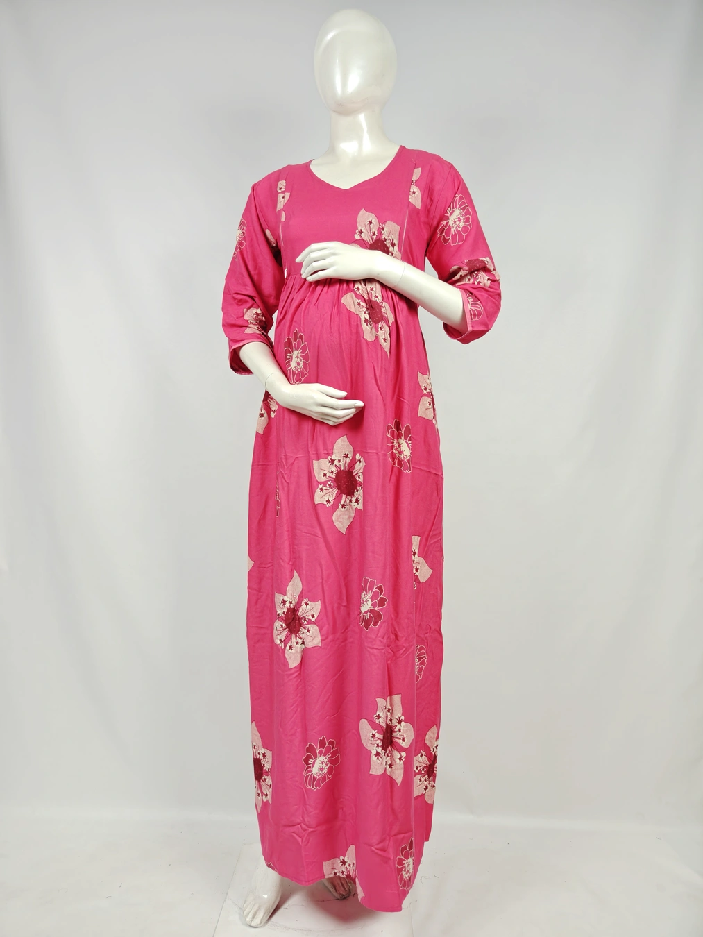 Magenta Pink Rayon Frill Feeding Nighty with ruffled waist detail and dual concealed nursing zips