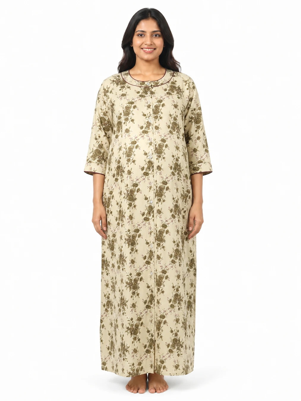 Cream Cotton Front Open Hospital Nighty with full-front button opening and three-quarter sleeves