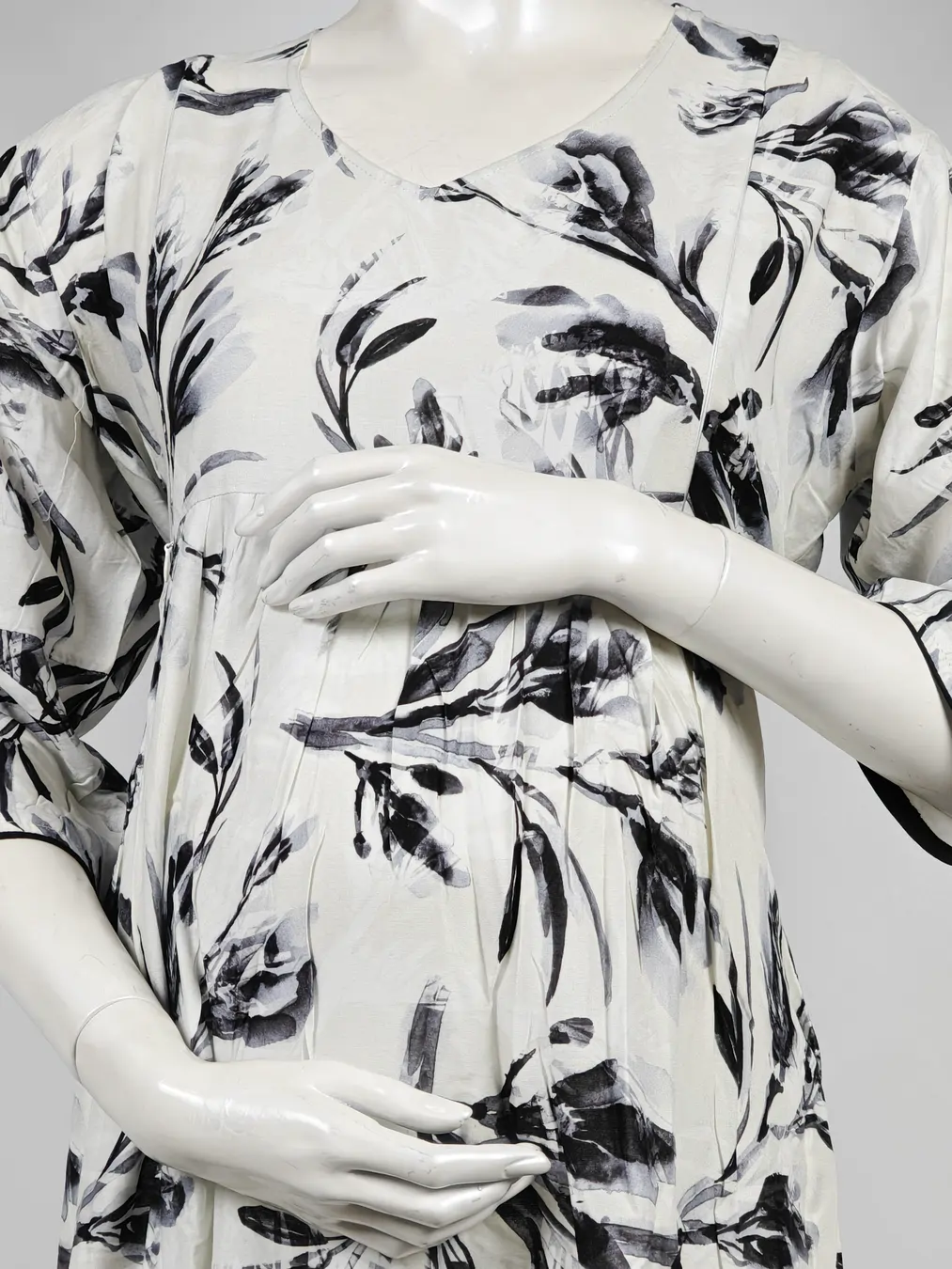 Off White & Black Rayon Frill Feeding Nighty with ruffled waist detail and side-zip nursing access