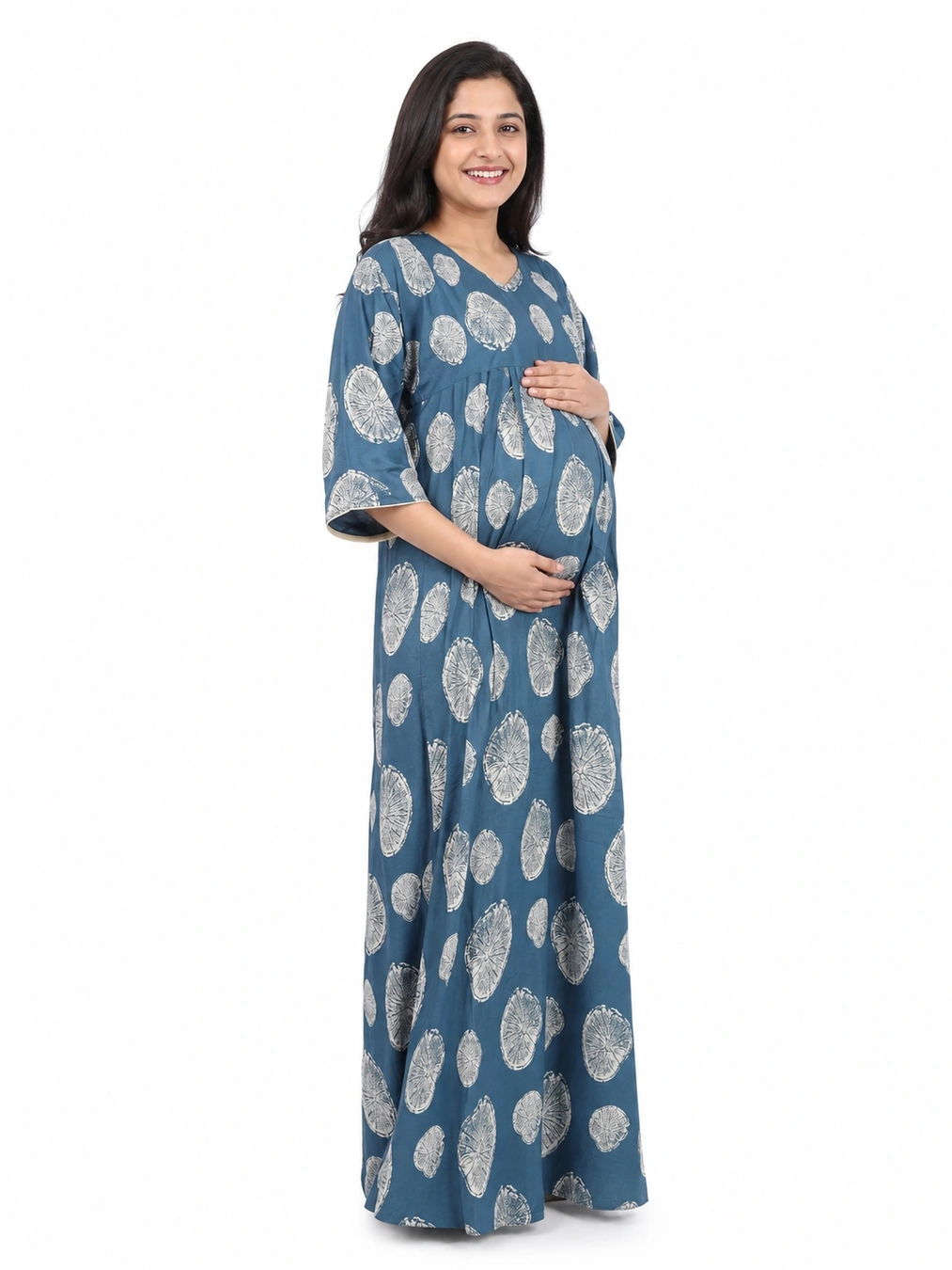 Pastel Blue Alpine Frill Feeding Nighty with ruffled waist detail and dual concealed nursing zips