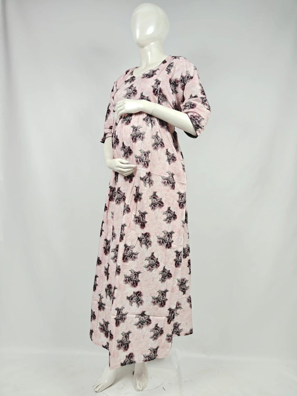 Light Rose frill feeding nighty with ruffled waist and concealed nursing zips