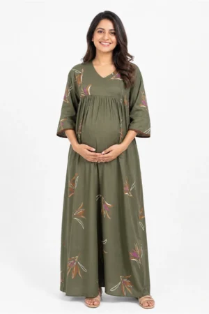 Olive Green Rayon Frill Feeding Nighty with ruffled waist detail and dual concealed nursing zips
