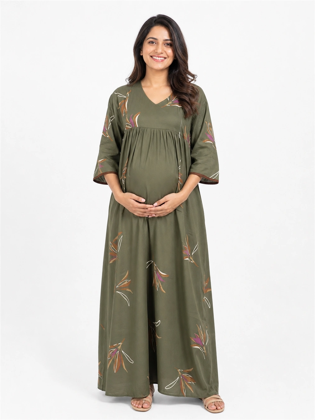Olive Green Rayon Frill Feeding Nighty with ruffled waist detail and dual concealed nursing zips