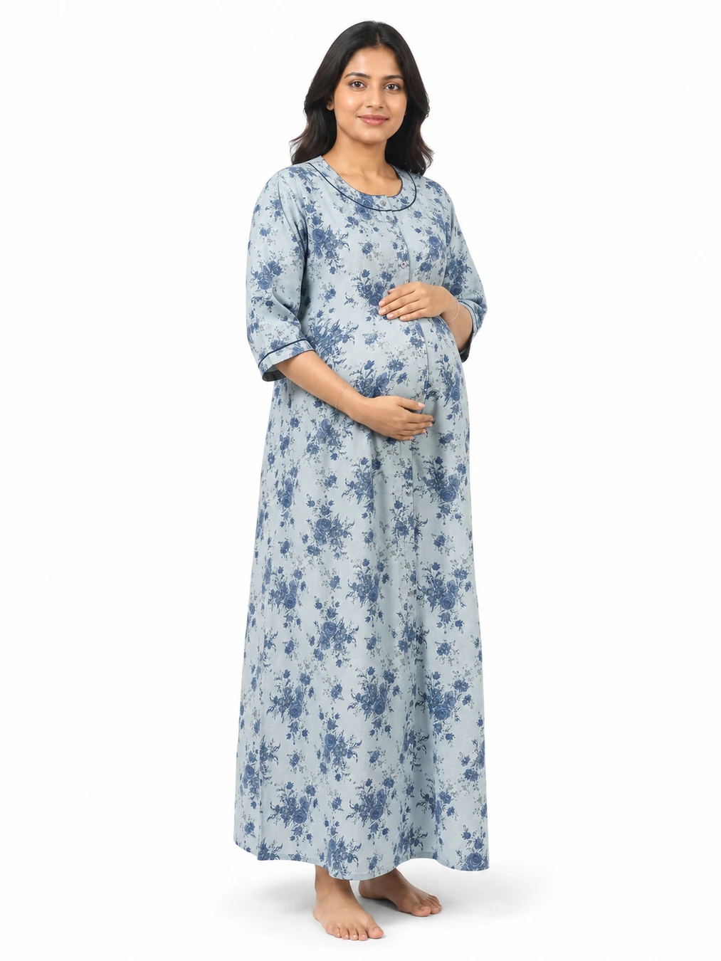 Ice Blue Cotton Front Open Hospital Nighty with full-front button opening and three-quarter sleeves