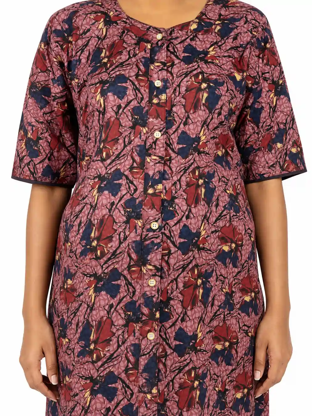 Rose cotton maternity nighty with full-front button opening