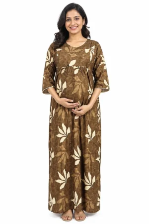 Brown Rayon Frill Feeding Nighty with ruffled waist detail and dual concealed nursing zips