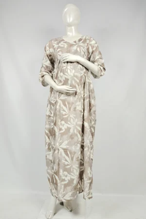 Sand Rayon Frill Feeding Nighty with ruffled waist detail and side-zip nursing access
