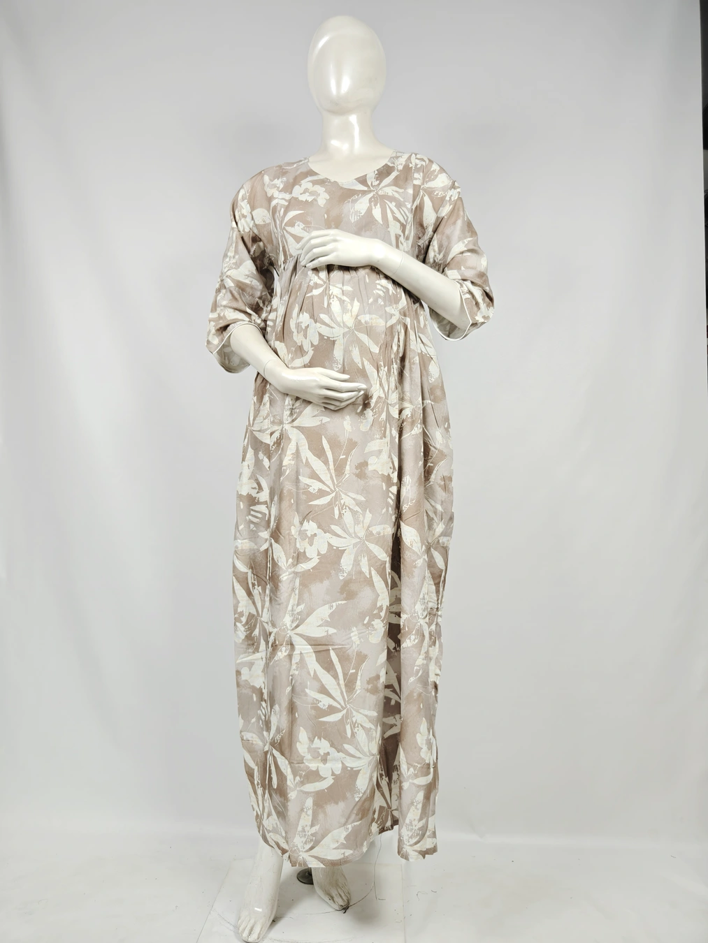 Sand Rayon Frill Feeding Nighty with ruffled waist detail and side-zip nursing access