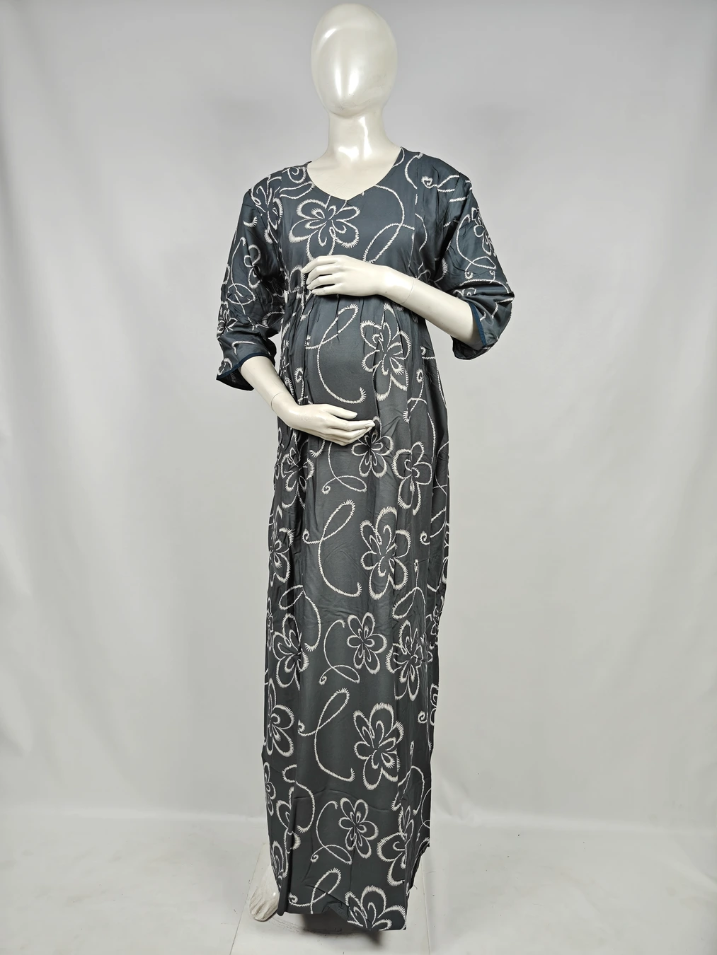 Dark Grey Rayon Frill Feeding Nighty with ruffled waist detail and dual concealed nursing zips