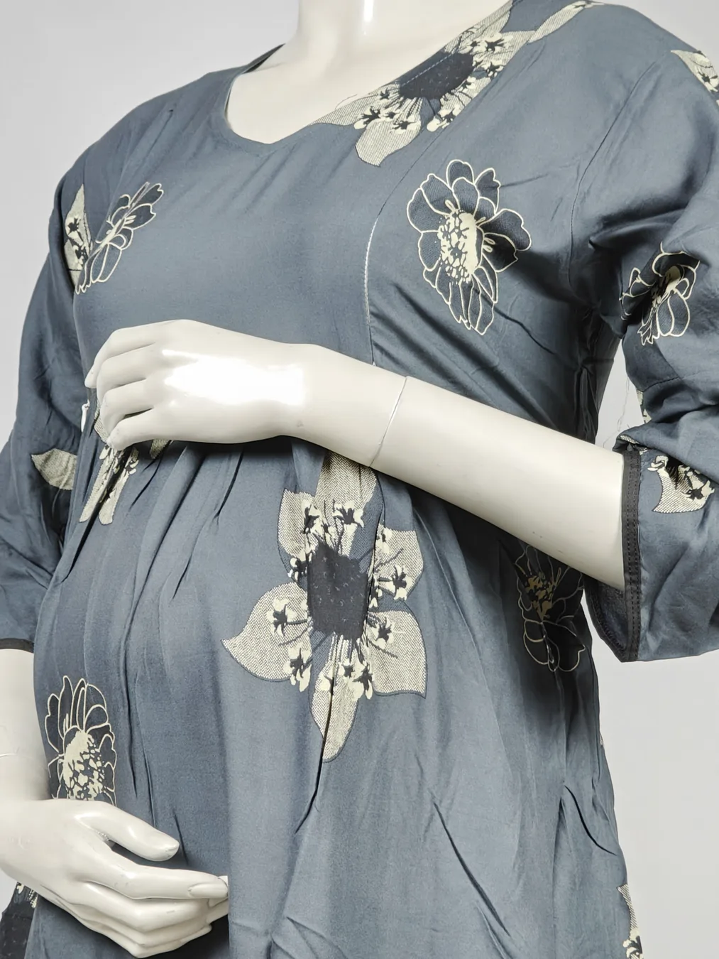 Ash Green Rayon Frill Feeding Nighty with ruffled waist detail and dual concealed nursing zips
