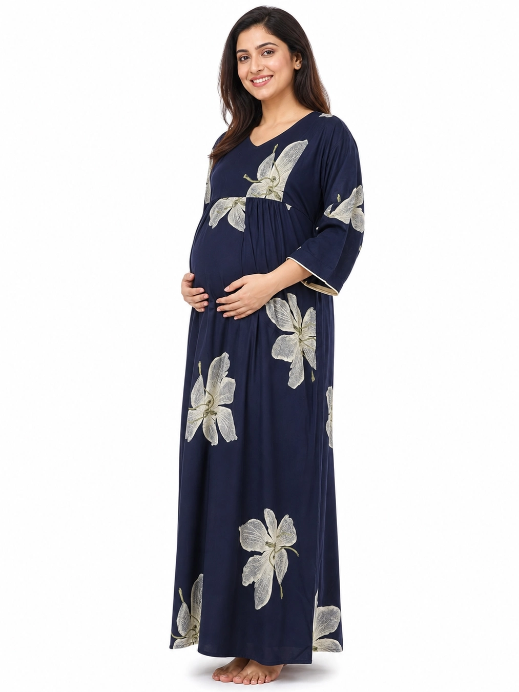 Navy Blue Alpine Frill Feeding Nighty with ruffled waist detail and dual concealed nursing zips
