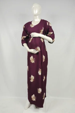Maroon rayon frill feeding nighty with concealed nursing zips