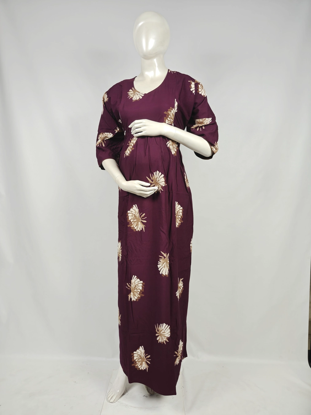 Maroon rayon frill feeding nighty with concealed nursing zips