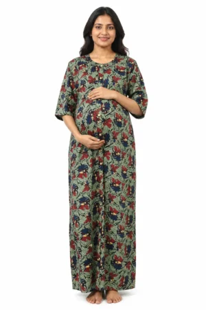 Green cotton maternity nighty with full-front button opening