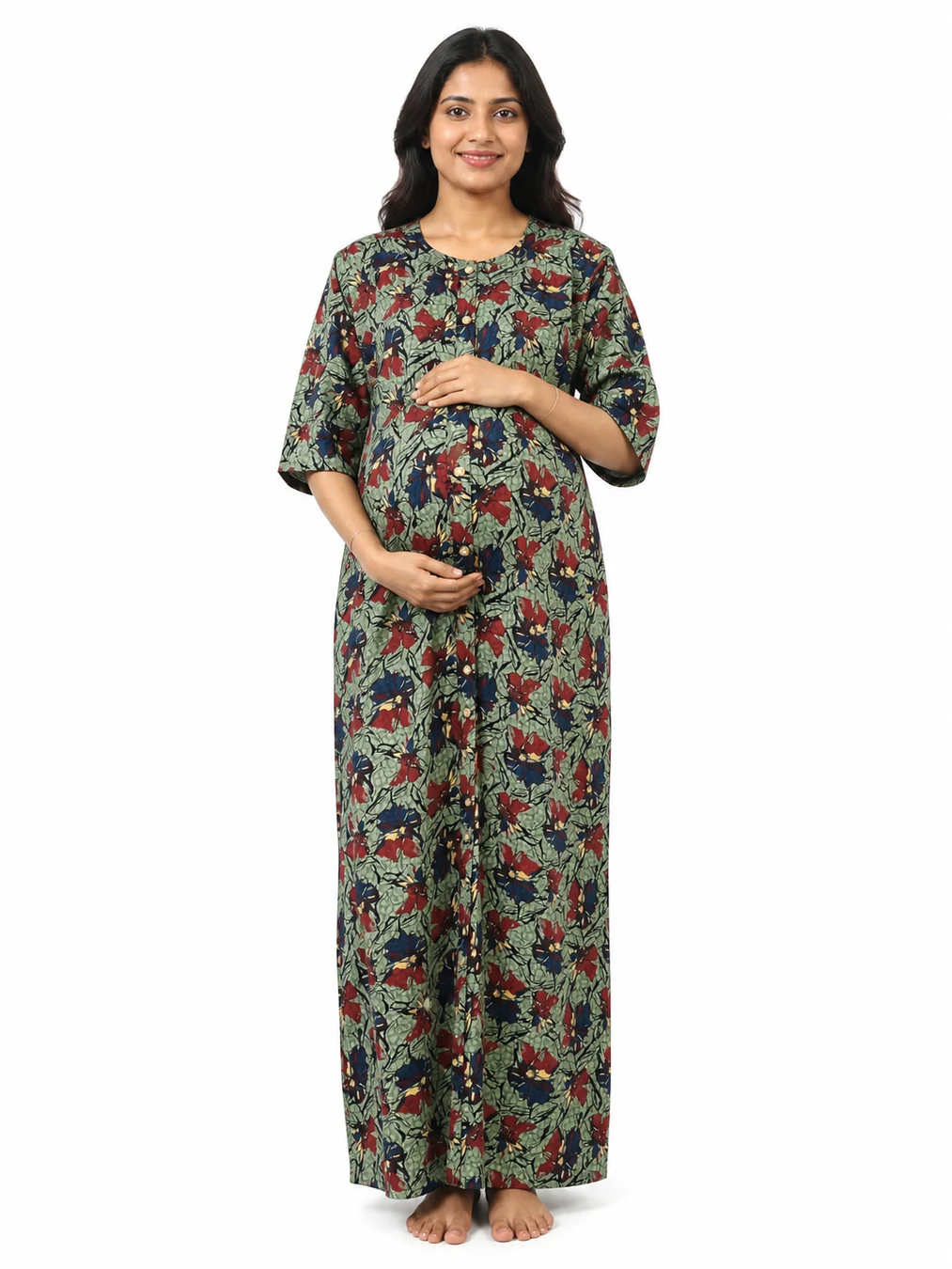 Green cotton maternity nighty with full-front button opening