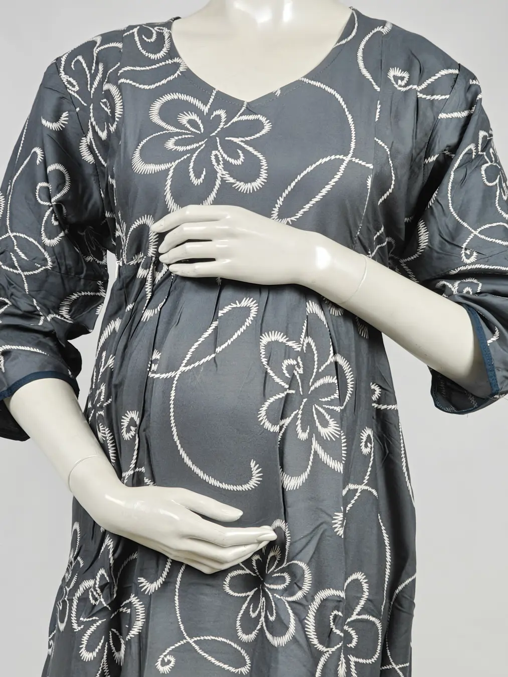 Dark Grey Rayon Frill Feeding Nighty with ruffled waist detail and dual concealed nursing zips