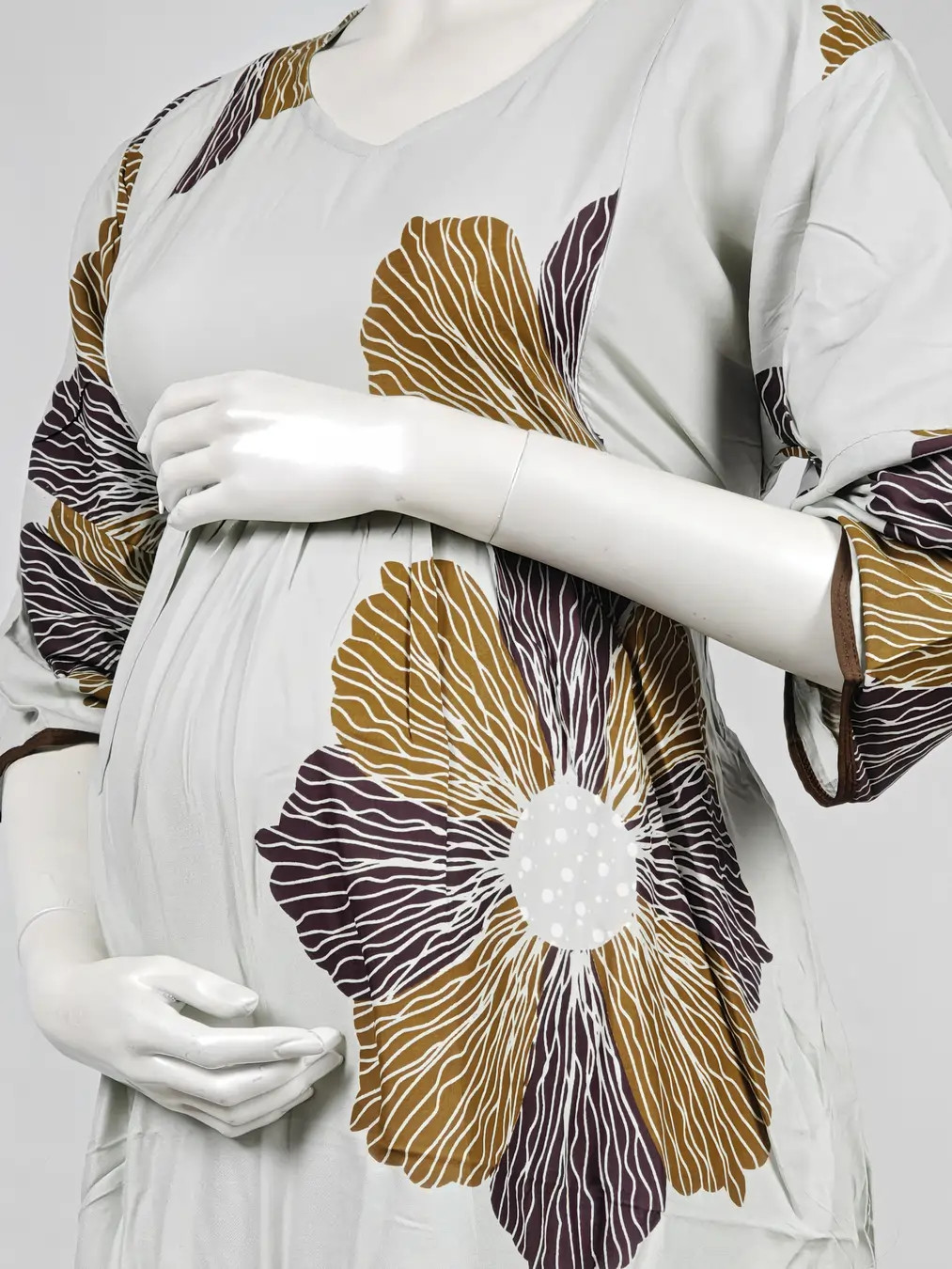 Light Rose Rayon Frill Feeding Nighty with ruffled waist detail and side-zip nursing access