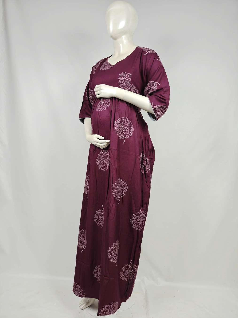 Maroon Alpine Frill Feeding Nighty with ruffled waist detail and dual concealed nursing zips