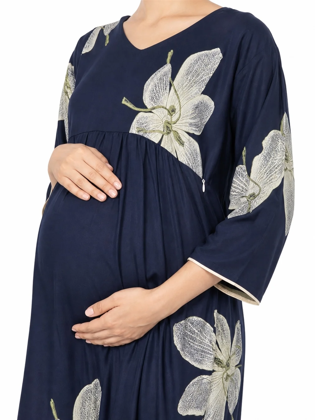 Navy Blue Alpine Frill Feeding Nighty with ruffled waist detail and dual concealed nursing zips