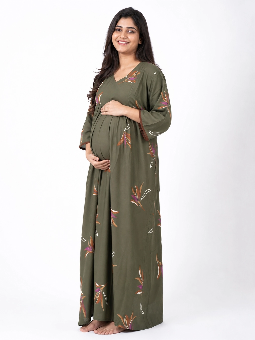 Olive Green Rayon Frill Feeding Nighty with ruffled waist detail and dual concealed nursing zips