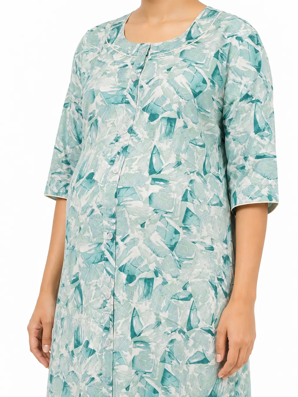 Light Green Cotton Maternity Front Open Nighty with full-front button opening and three-quarter sleeves