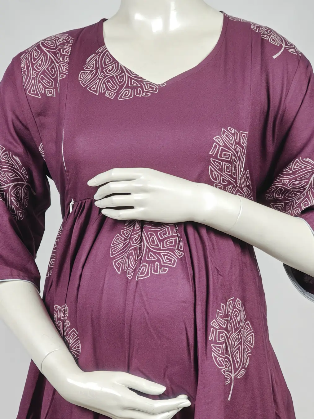 Maroon Alpine Frill Feeding Nighty with ruffled waist detail and dual concealed nursing zips