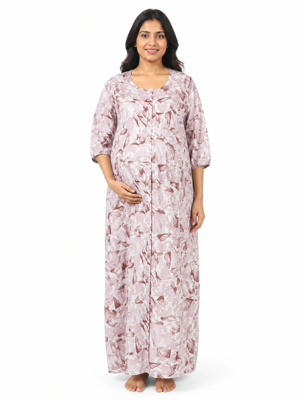Light Pink Cotton Maternity Front Open Nighty with full-front button opening and three-quarter sleeves