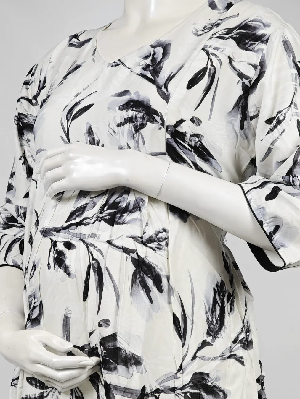 Off White & Black Rayon Frill Feeding Nighty with ruffled waist detail and side-zip nursing access