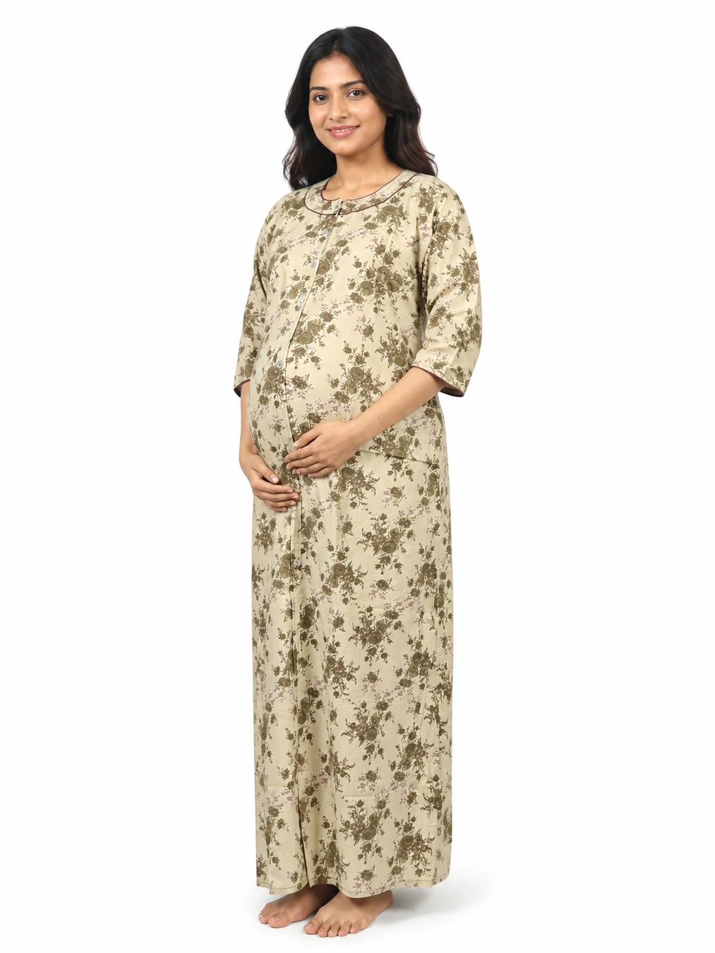 Cream Cotton Front Open Hospital Nighty with full-front button opening and three-quarter sleeves