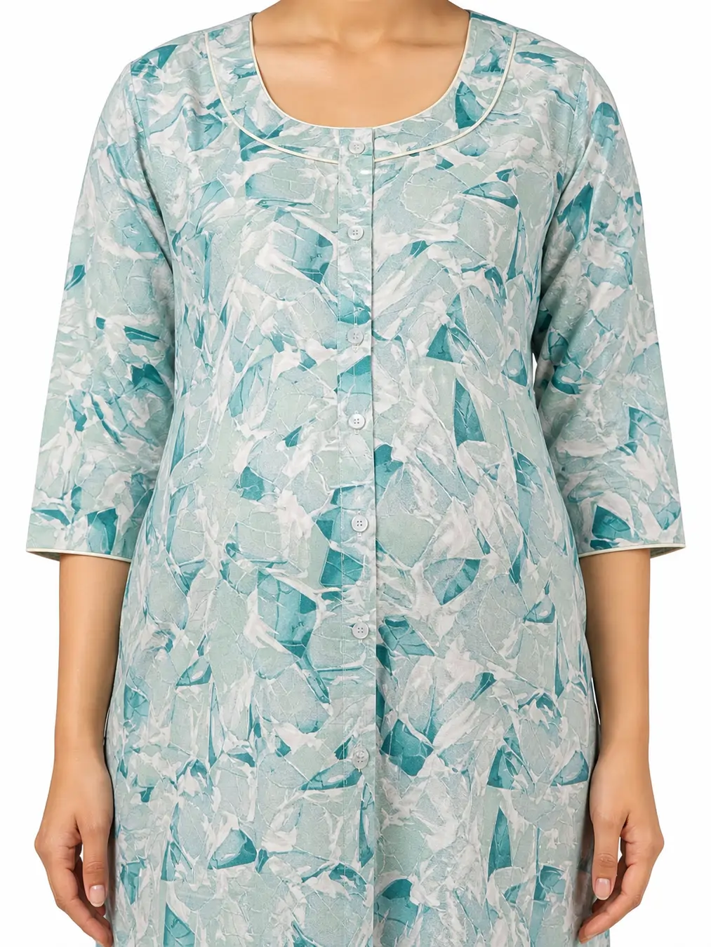 Light Green Cotton Maternity Front Open Nighty with full-front button opening and three-quarter sleeves