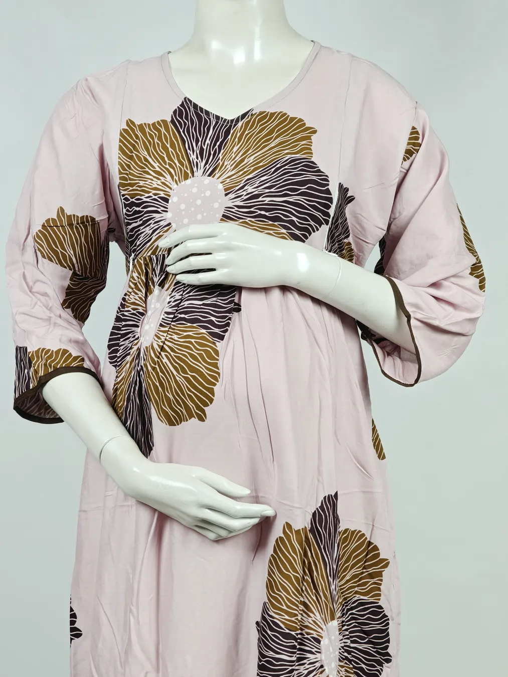 Light Rose Rayon Frill Feeding Nighty with ruffled waist detail and side-zip nursing access