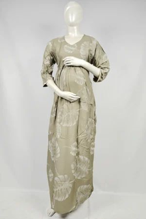Pale Olive Rayon Frill Feeding Nighty with ruffled waist detail and dual concealed nursing zips