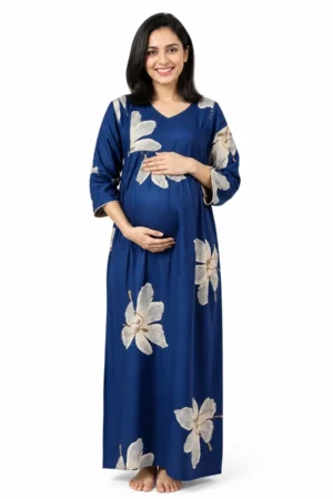 Blue Alpine Frill Feeding Nighty with ruffled waist detail and dual concealed nursing zips