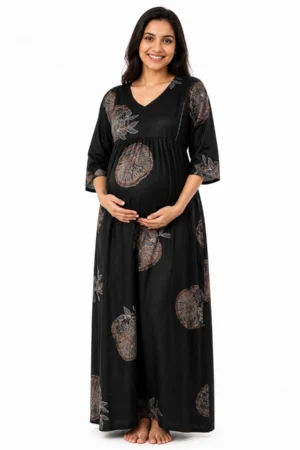 Black Alpine Frill Feeding Nighty with ruffled waist detail and dual concealed nursing zips